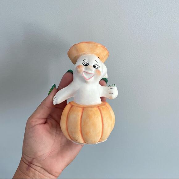 Vintage | Peek-A-Boo Ghost In Orange Pumpkin Gothic Kawaii Kitsch Cute Halloween - Picture 9 of 9